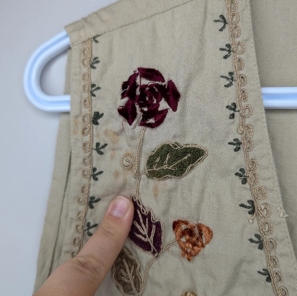 Vintage 90s Cream Khaki Button Front Embroidered Velvet Floral Fall Vest Women L - Picture 7 of 9